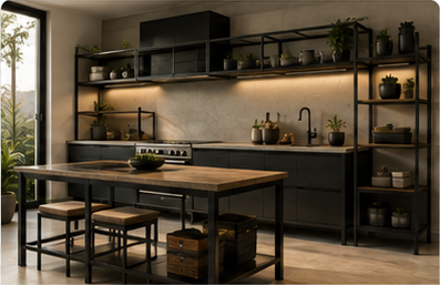 Cocina contemporánea con mobiliario y estanterías de metal negro