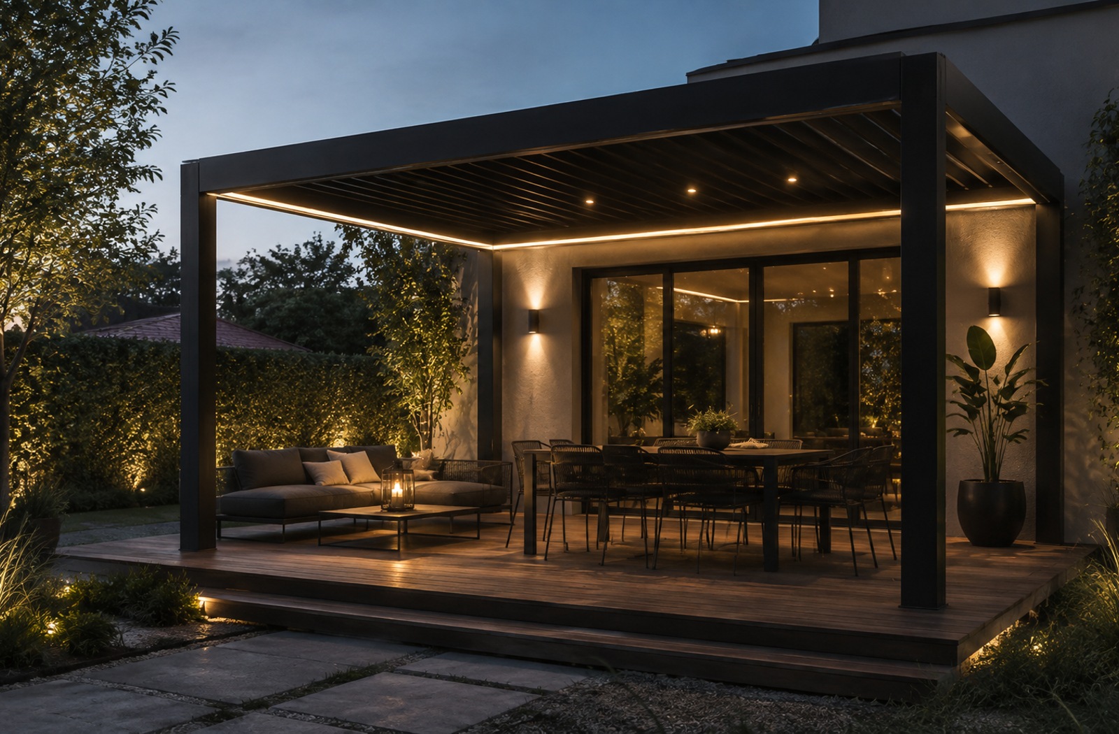 Pérgola metálica iluminada al atardecer sobre un deck