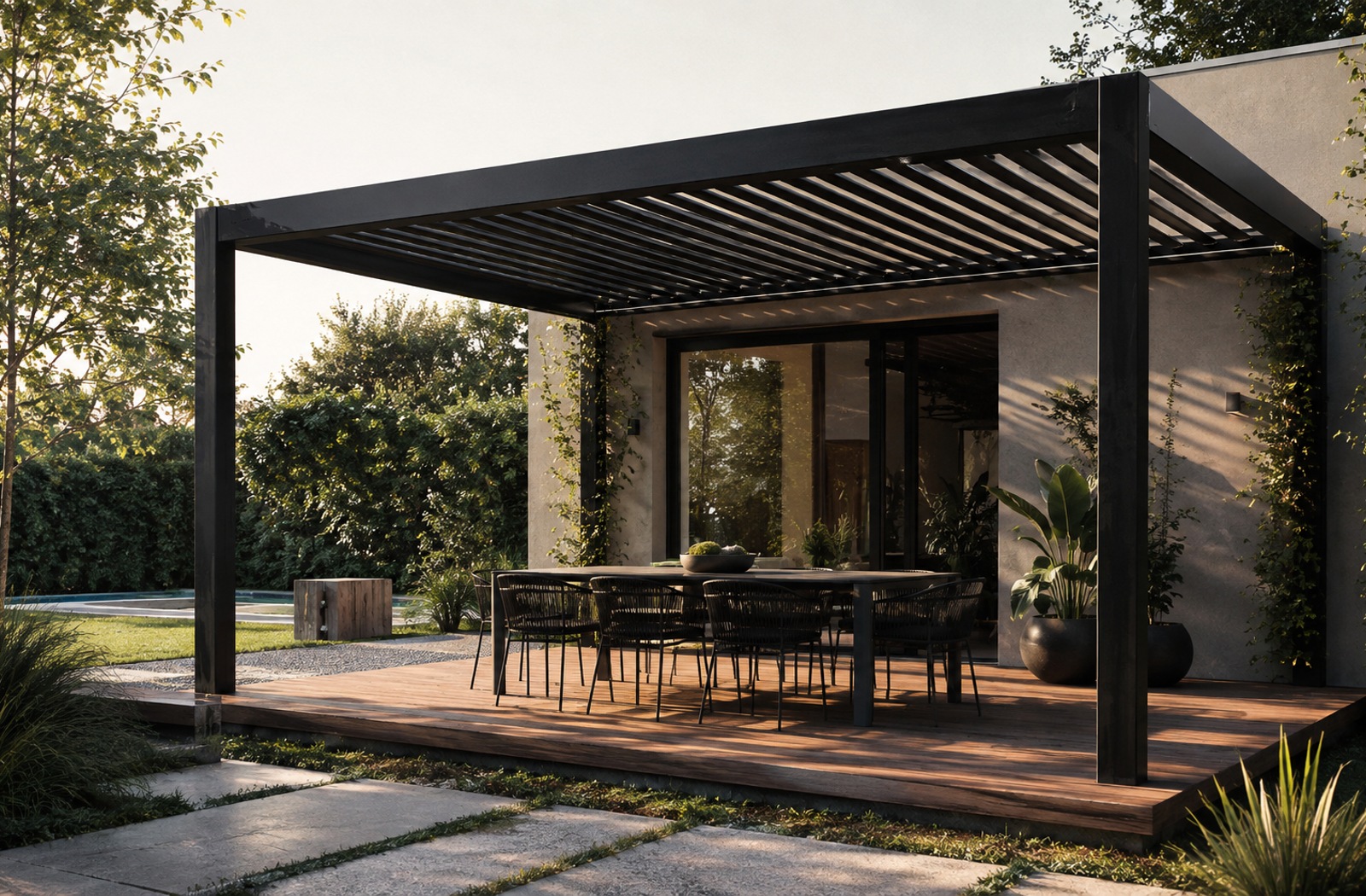 Pérgola negra de lamas metálicas sobre un deck exterior